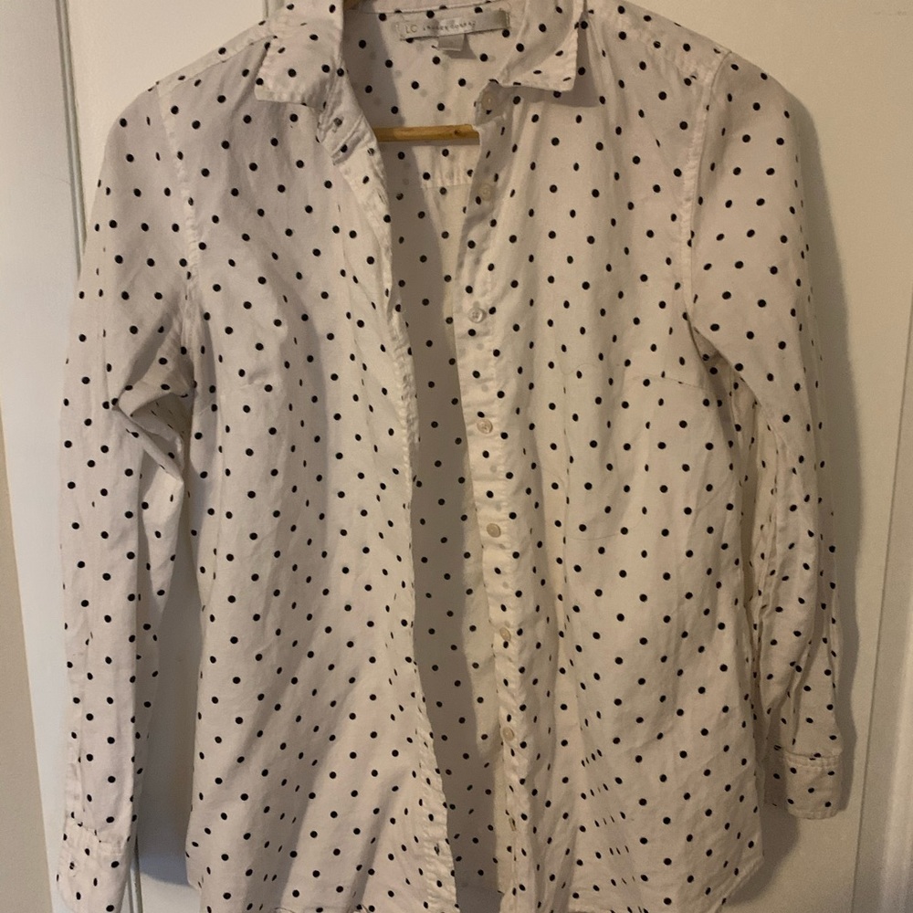 White w/ black polka dots button down shirt